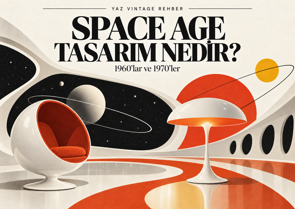 Yaz Vintage Rehber – Space Age tasarım, 1960'lar ve 1970'ler retro-fütürist kapak görseli